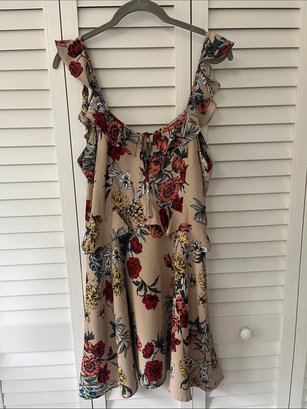 Tea & Cup low back Floral Ruffle Sundress in Beige with Red & Yellow Blooms